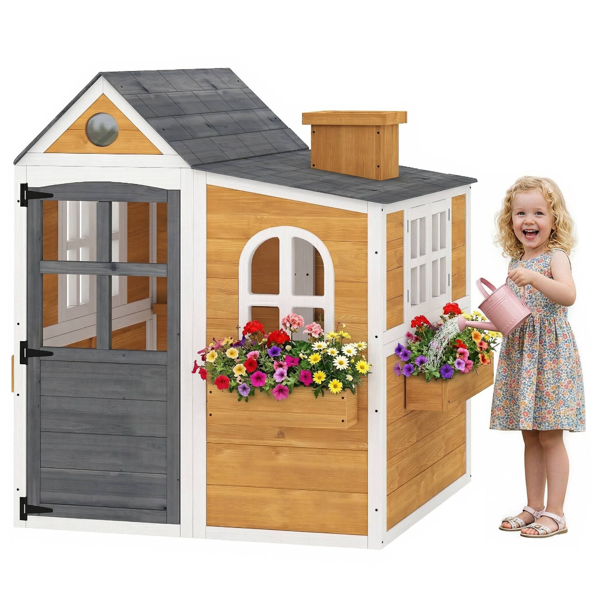 Cabane enfant extérieur en bois, maison enfant extérieure/intérieure avec porte, fenêtres, 3 bacs à fleurs, jaune - Image 2