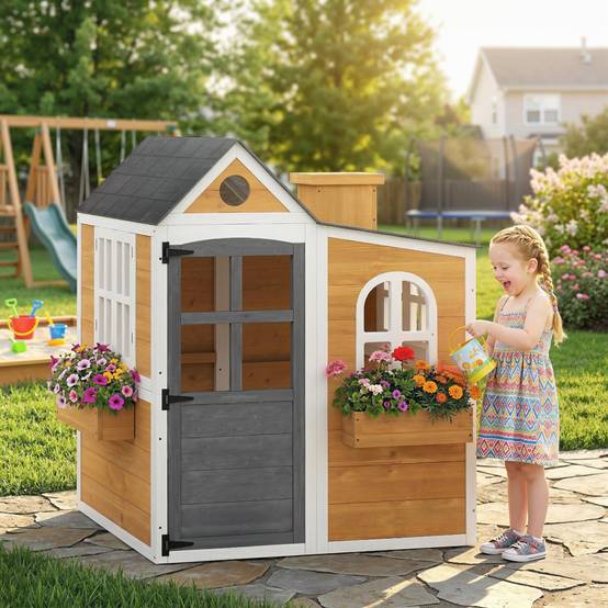 Cabane enfant extérieur en bois, maison enfant extérieure/intérieure avec porte, fenêtres, 3 bacs à fleurs, jaune - Image 4