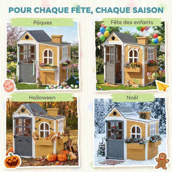 Cabane enfant extérieur en bois, maison enfant extérieure/intérieure avec porte, fenêtres, 3 bacs à fleurs, jaune - Image 10