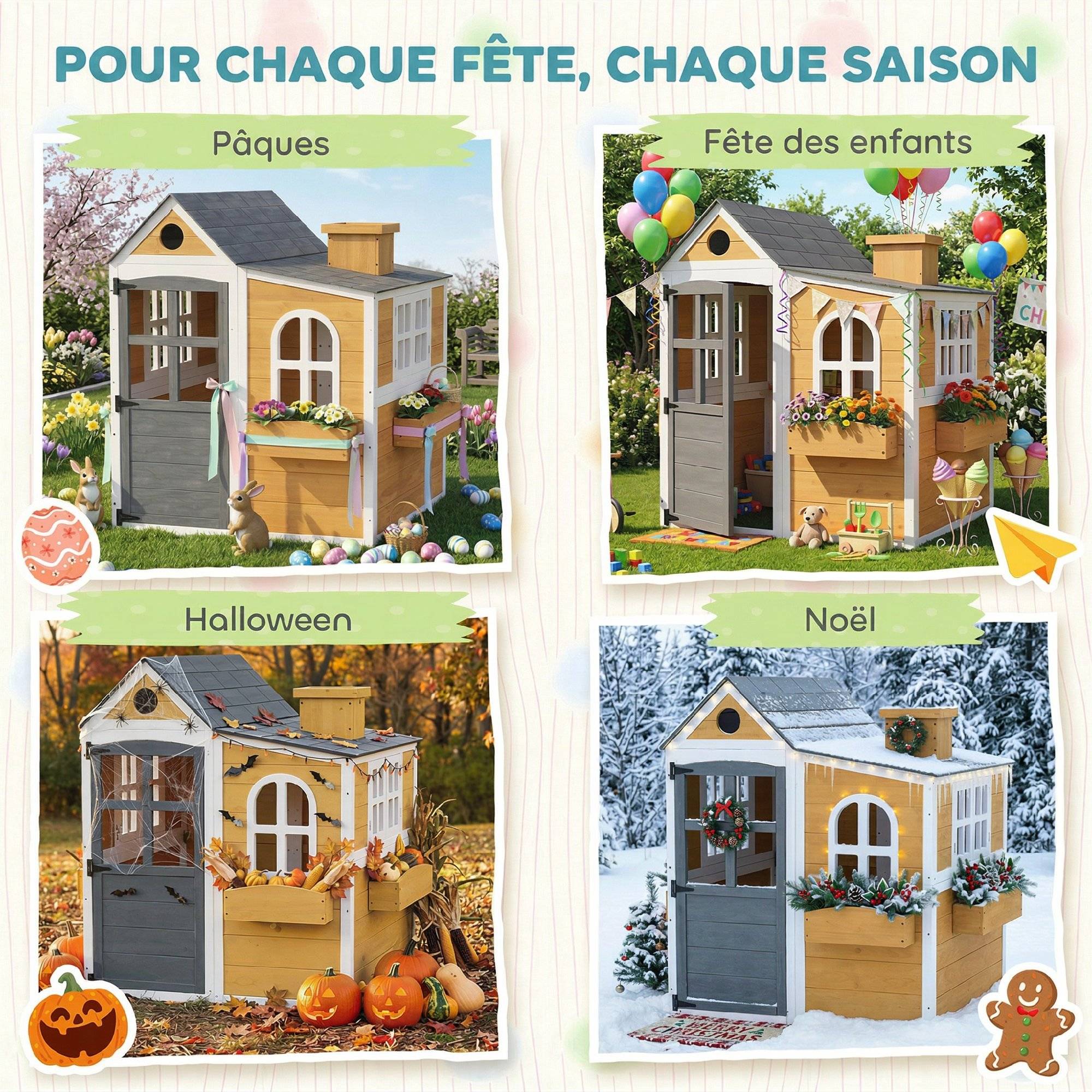 Cabane enfant extérieur en bois, maison enfant extérieure/intérieure avec porte, fenêtres, 3 bacs à fleurs, jaune - Image 10
