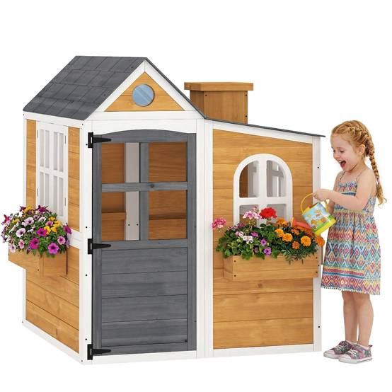 Cabane enfant extérieur en bois, maison enfant extérieure/intérieure avec porte, fenêtres, 3 bacs à fleurs, jaune - Image 1