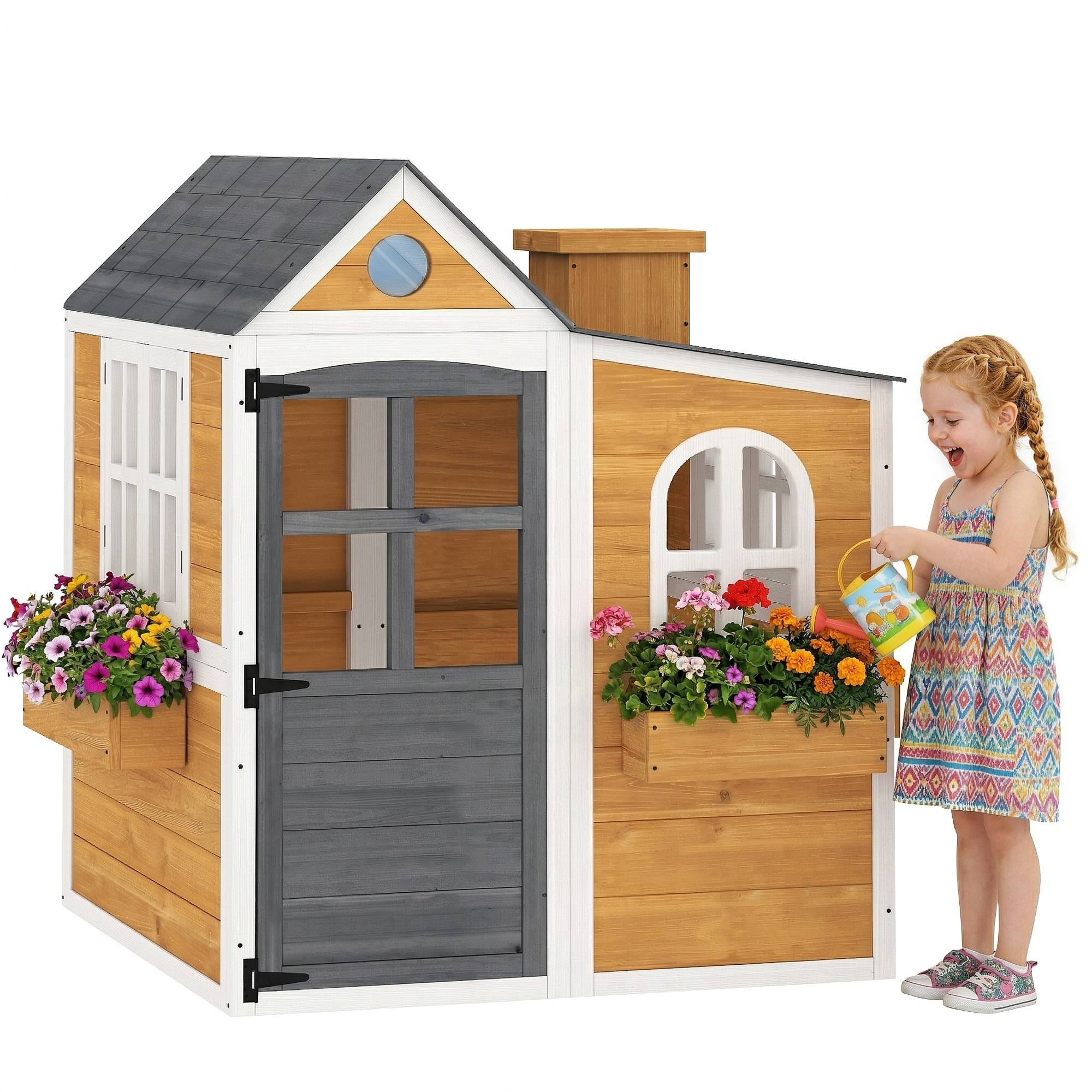 Cabane enfant extérieur en bois, maison enfant extérieure/intérieure avec porte, fenêtres, 3 bacs à fleurs, jaune - Image 1