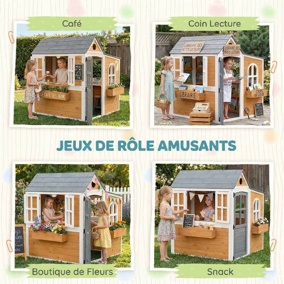 Cabane enfant extérieur en bois, maison enfant extérieure/intérieure avec porte, fenêtres, 3 bacs à fleurs, jaune - Image 8