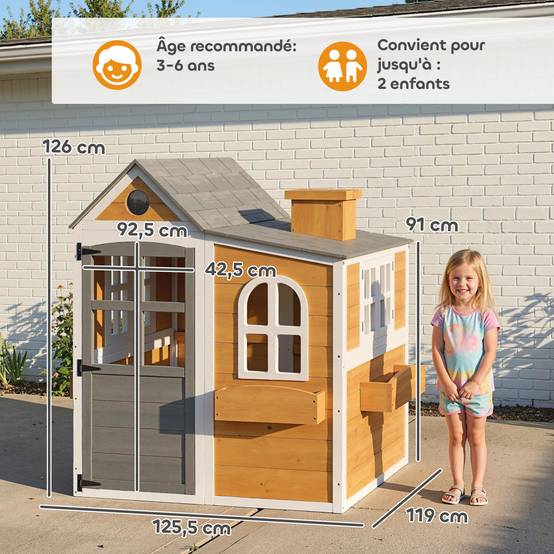 Cabane enfant extérieur en bois, maison enfant extérieure/intérieure avec porte, fenêtres, 3 bacs à fleurs, jaune - Image 5