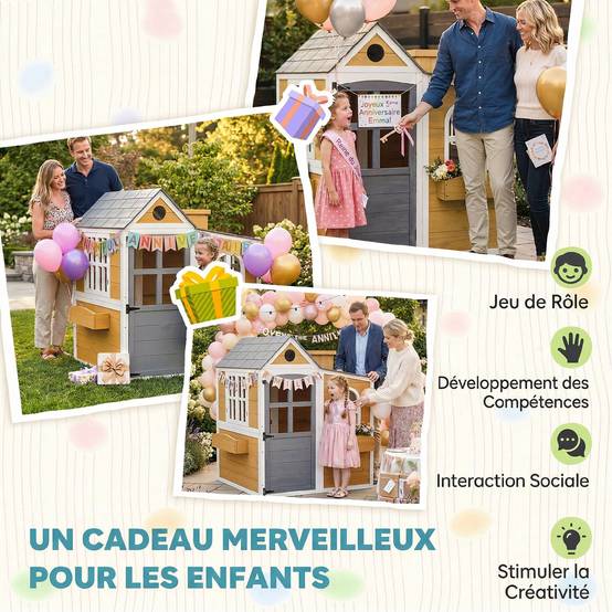 Cabane enfant extérieur en bois, maison enfant extérieure/intérieure avec porte, fenêtres, 3 bacs à fleurs, jaune - Image 9