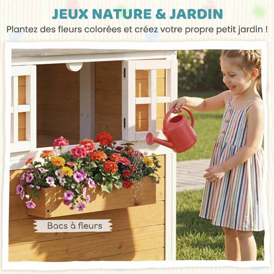 Cabane enfant extérieur en bois, maison enfant extérieure/intérieure avec porte, fenêtres, 3 bacs à fleurs, jaune - Image 6