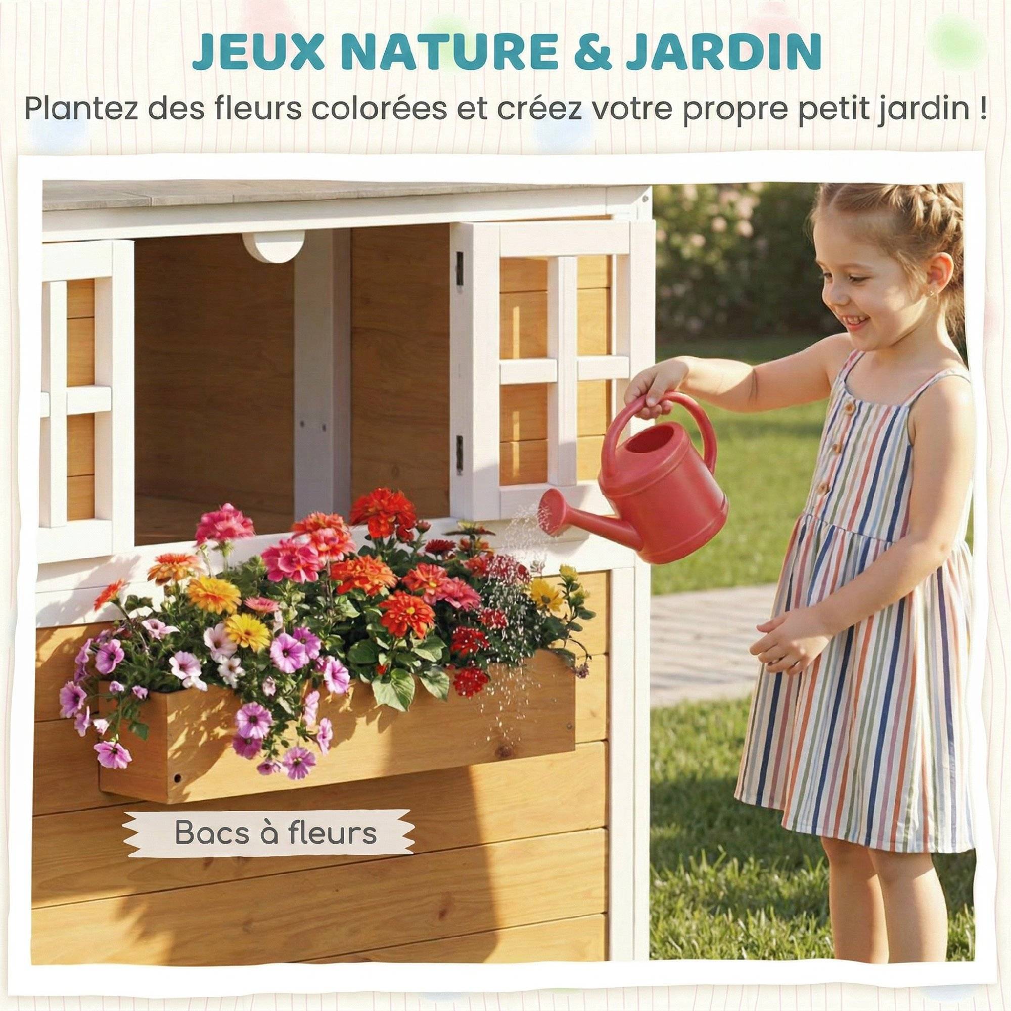 Cabane enfant extérieur en bois, maison enfant extérieure/intérieure avec porte, fenêtres, 3 bacs à fleurs, jaune - Image 6