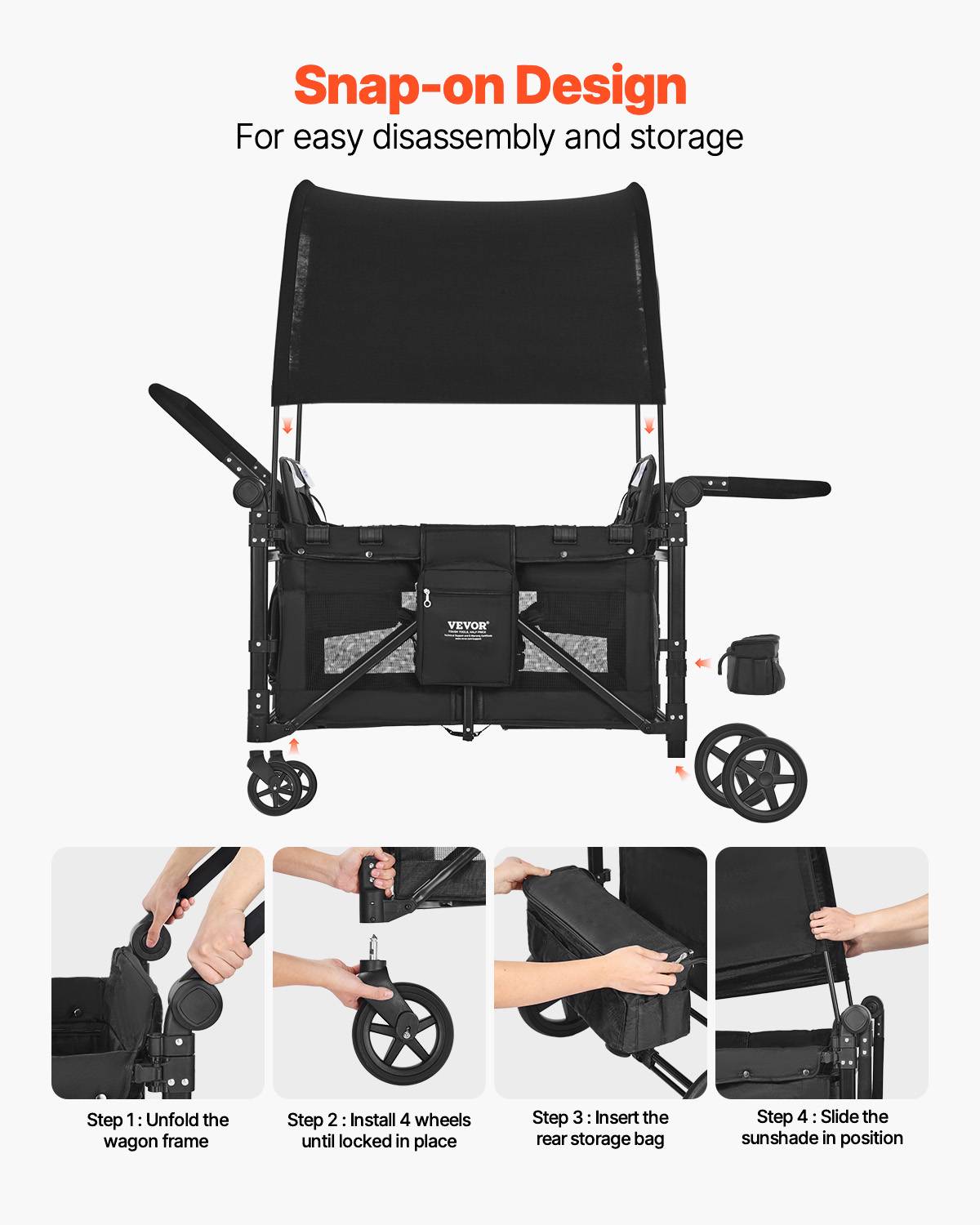 Vevor - VEVOR Poussette chariot pour 4 enfants, pliable, charge 150 kg. Harnais 5 points, auvent amovible. - Image 6