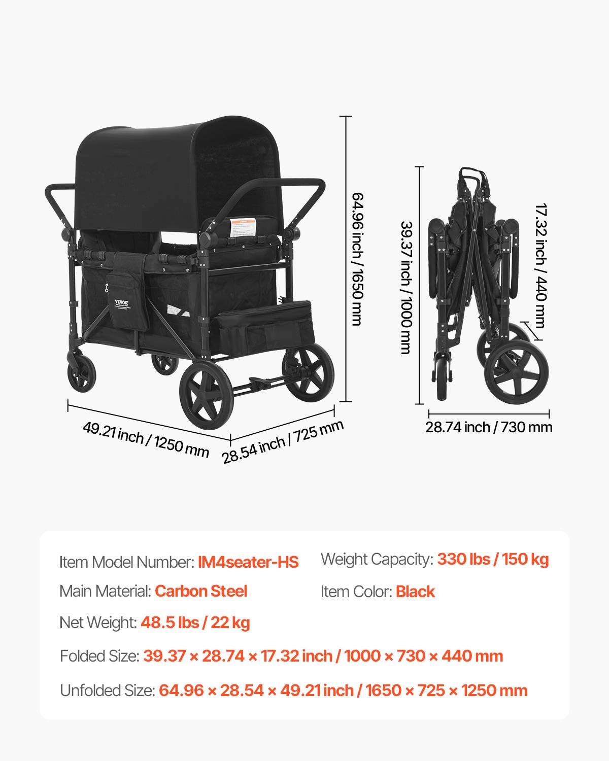 Vevor - VEVOR Poussette chariot pour 4 enfants, pliable, charge 150 kg. Harnais 5 points, auvent amovible. - Image 7