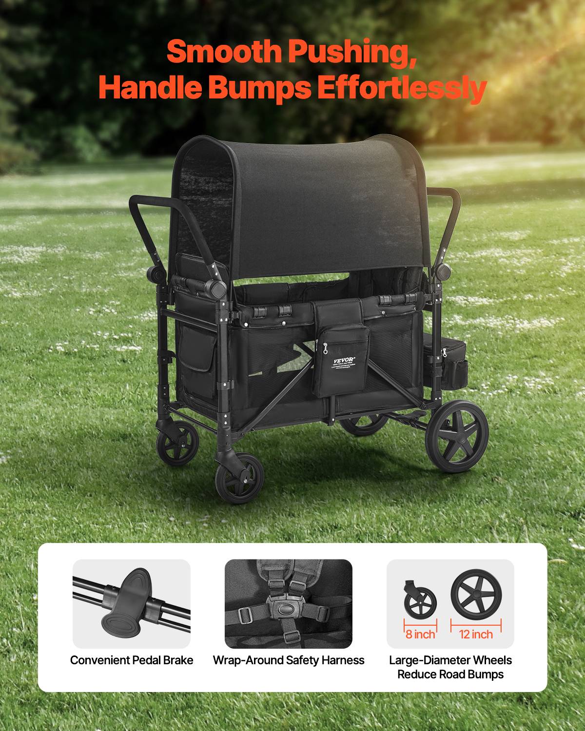 Vevor - VEVOR Poussette chariot pour 4 enfants, pliable, charge 150 kg. Harnais 5 points, auvent amovible. - Image 4