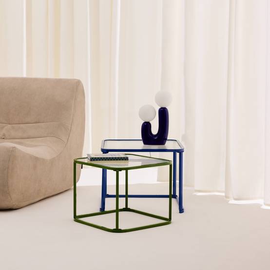 sweeek - Tables gigognes métal et verre strié bleu et vert - Tano | sweeek - Image 1