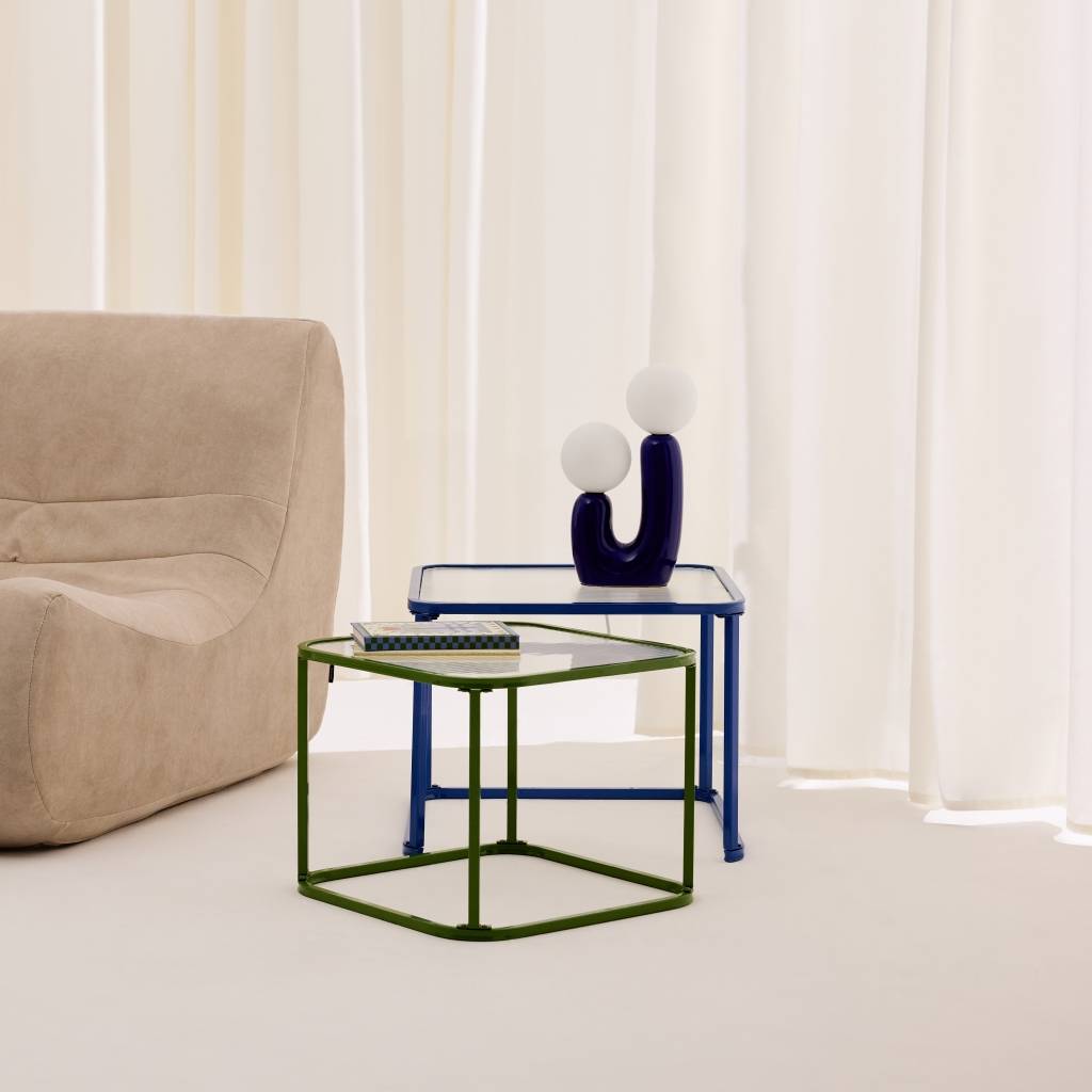 sweeek - Tables gigognes métal et verre strié bleu et vert - Tano | sweeek - Image 1