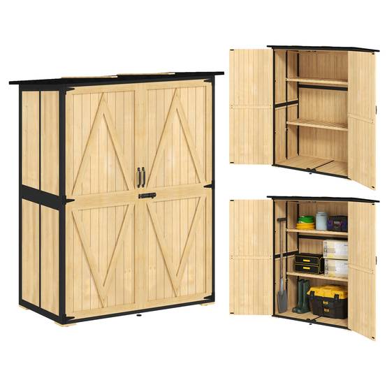 Armoire de jardin bois et acier extérieur, armoire à outils toit bitumé, 2 étagères, portes verrouillables, bois naturel - Image 1