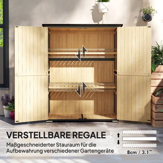 Armoire de jardin bois et acier extérieur, armoire à outils toit bitumé, 2 étagères, portes verrouillables, bois naturel - Image 8