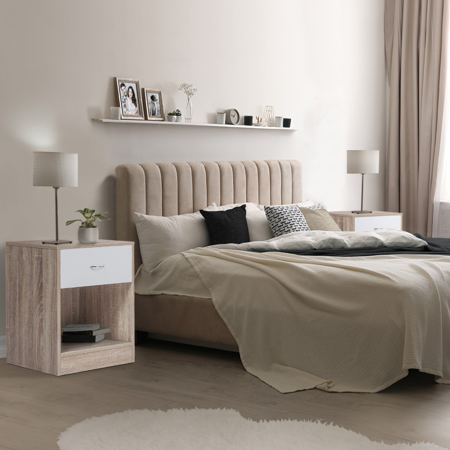 Lot de 2 tables de chevet OLGA 1 tiroir avec niche bois façon hêtre et tiroir blanc - Image 6