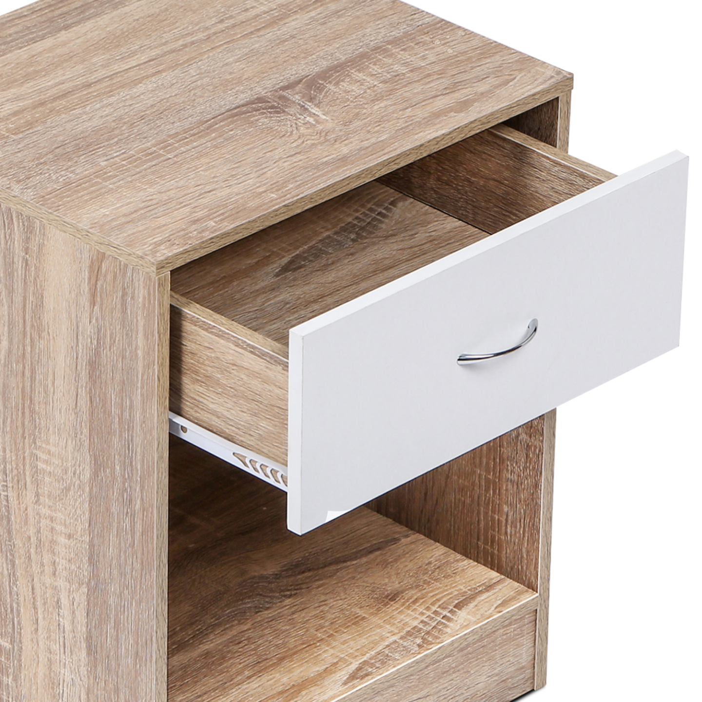 Lot de 2 tables de chevet OLGA 1 tiroir avec niche bois façon hêtre et tiroir blanc - Image 5