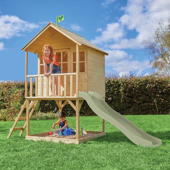 Maisonnette cabane sur pilotis en bois FSC® avec toboggan vert kaki COLLINE - Image 1