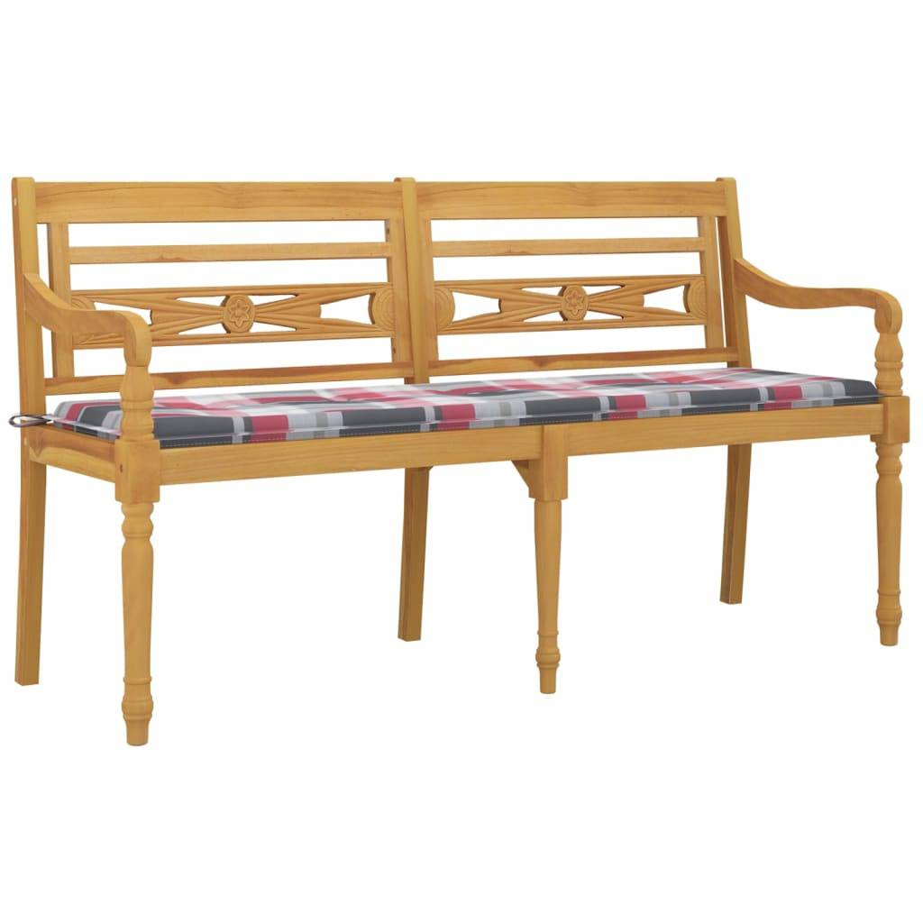 Helloshop26 - Banc de jardin meuble de patio d'extérieur terrasse coussin à motif de carreaux rouges 150 cm bois teck - Image 1