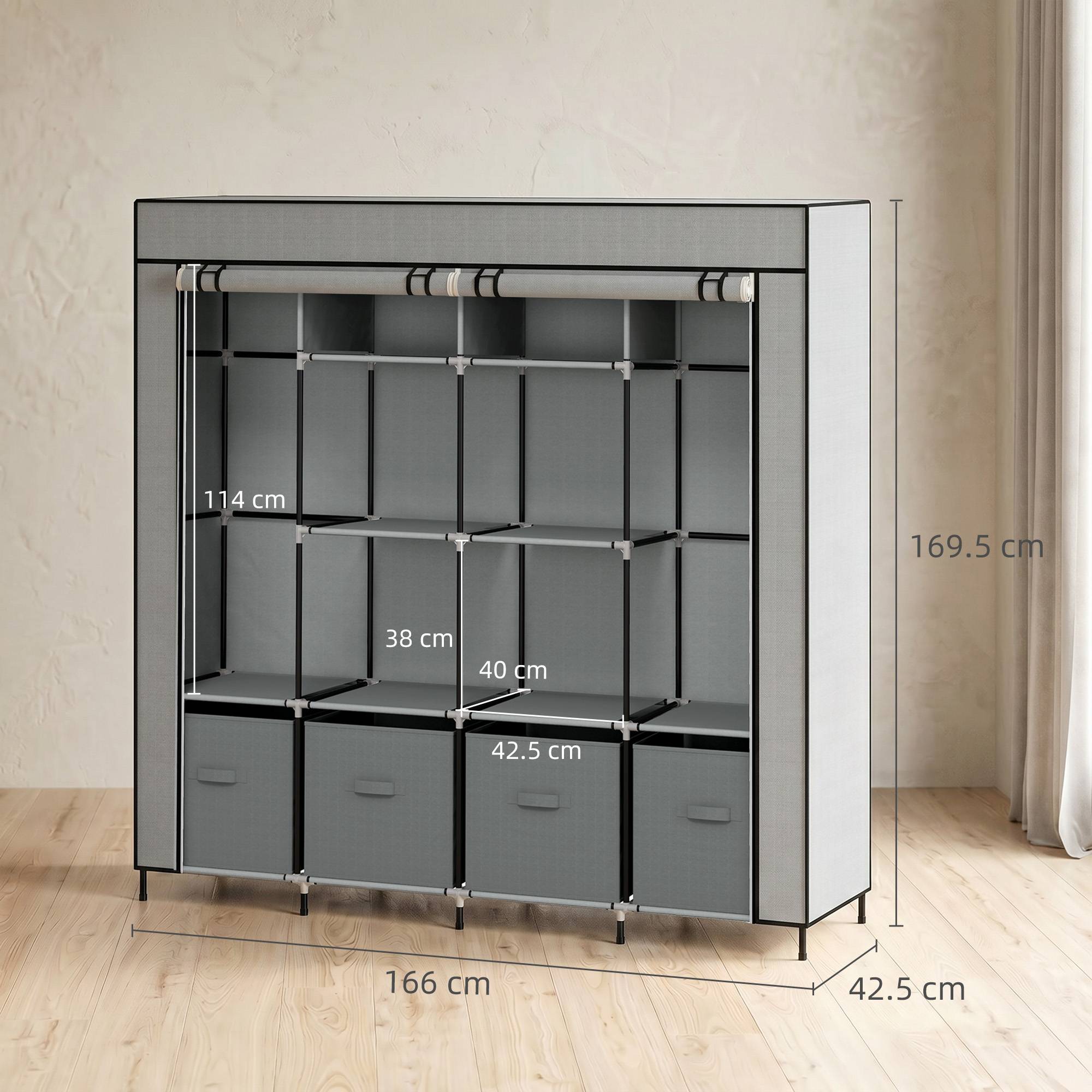 Sans Marque - Armoire en tissu et acier avec 10 étagères, 4 tiroirs et portes à charnières, grise - Image 5