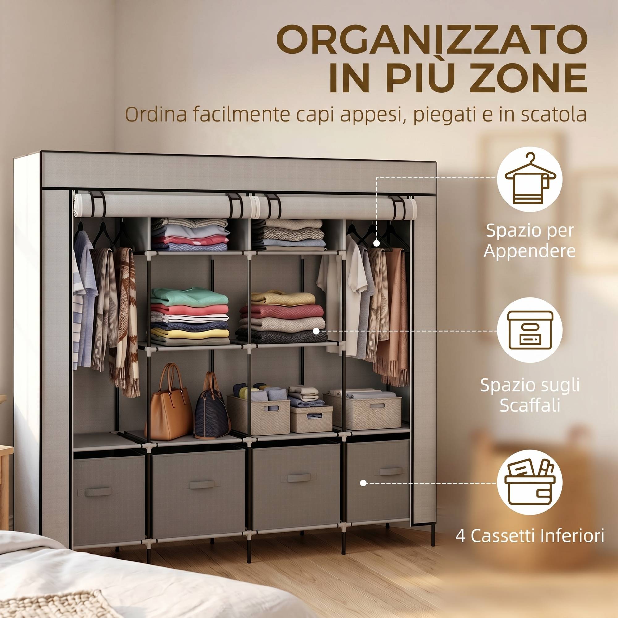 Sans Marque - Armoire en tissu et acier avec 10 étagères, 4 tiroirs et portes à charnières, grise - Image 6