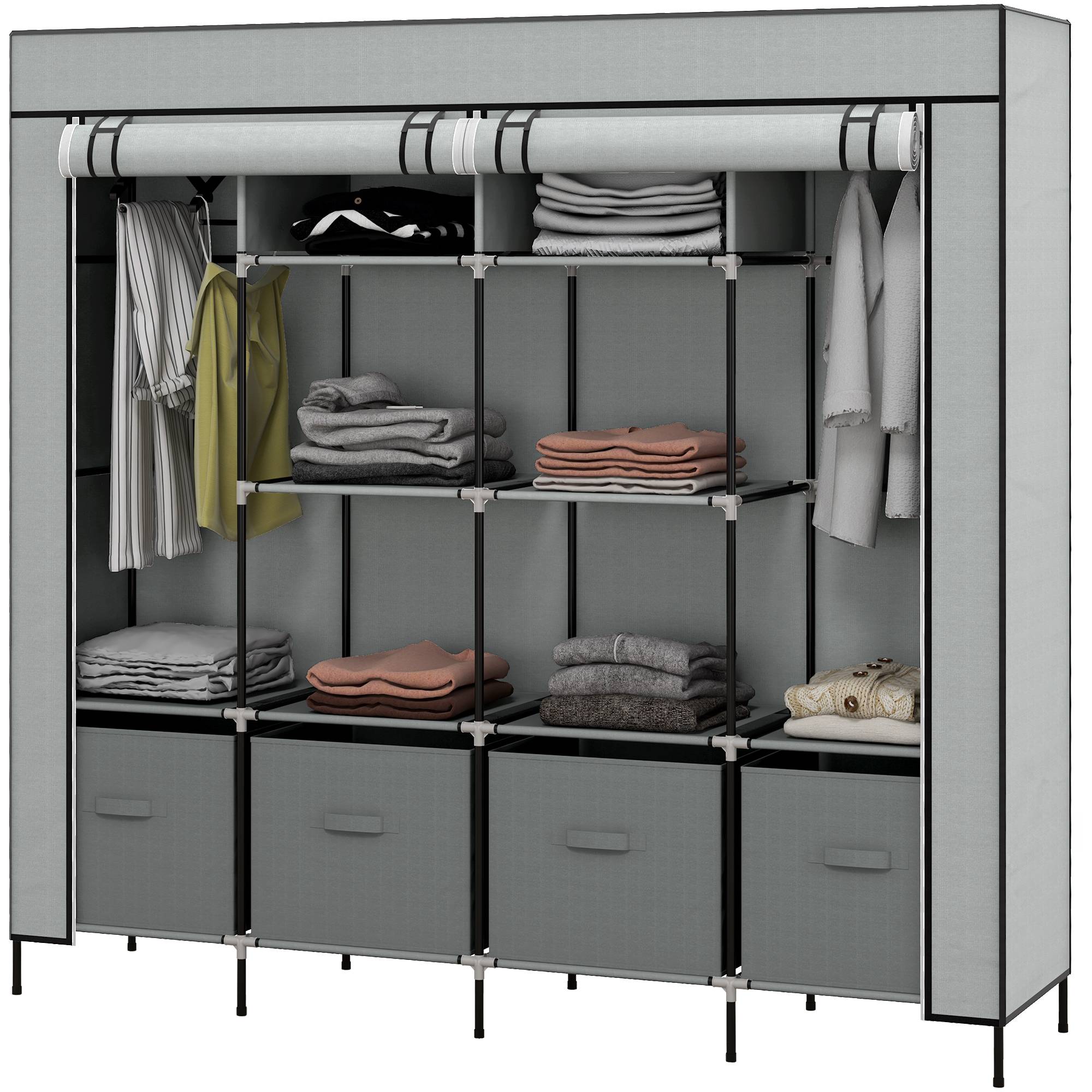 Sans Marque - Armoire en tissu et acier avec 10 étagères, 4 tiroirs et portes à charnières, grise - Image 2