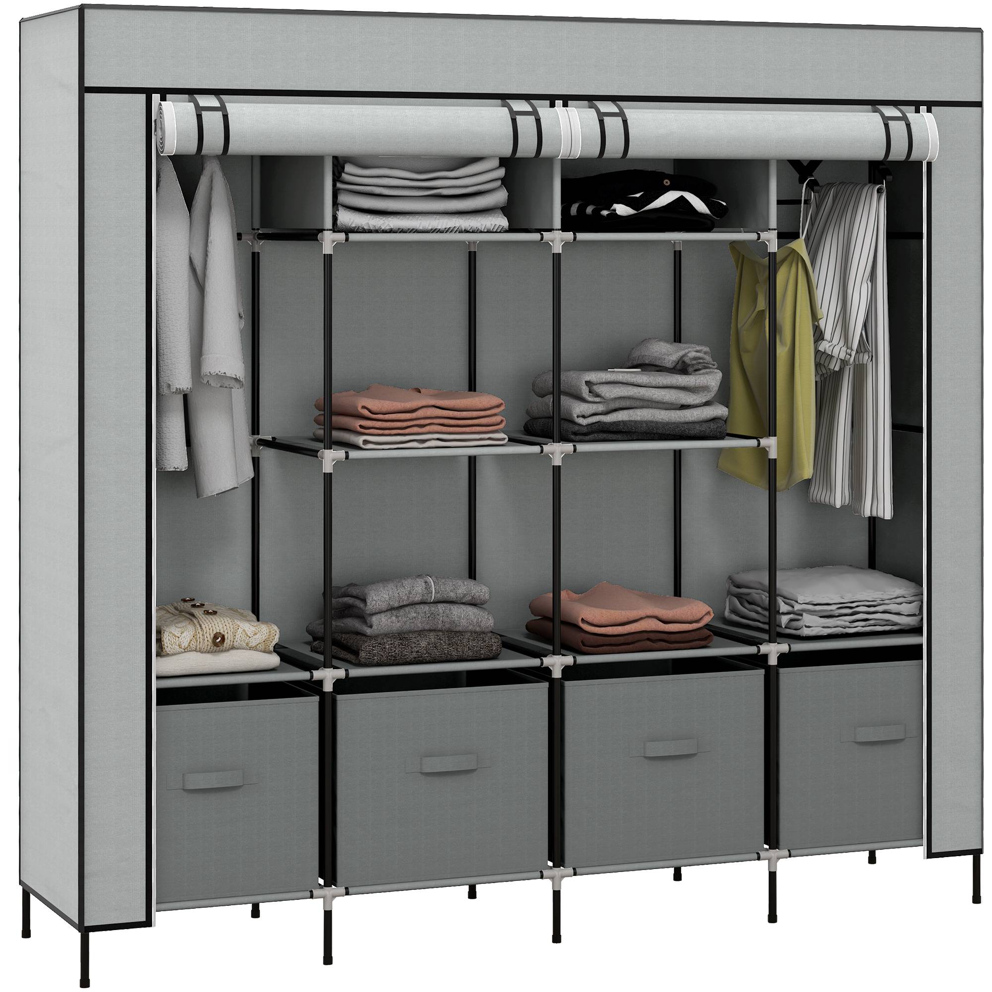 Sans Marque - Armoire en tissu et acier avec 10 étagères, 4 tiroirs et portes à charnières, grise - Image 1