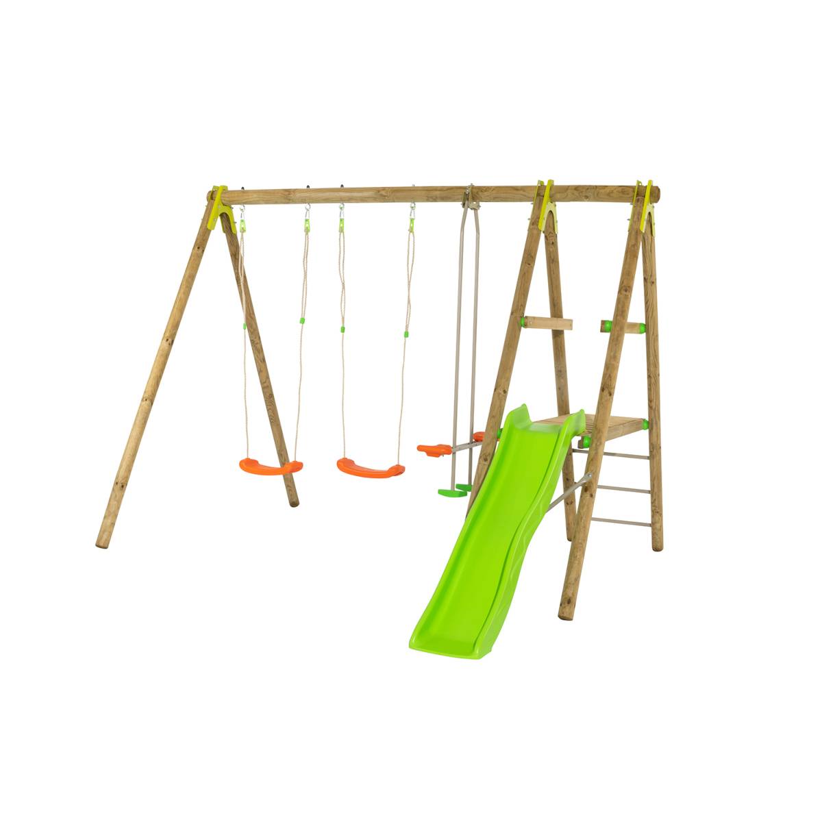Trigano Jardin - Portique bois avec 2 balançoires + 1 plateforme avec toboggan + 1 siège face à face J-16595P4 Trigano Jardin - Image 1