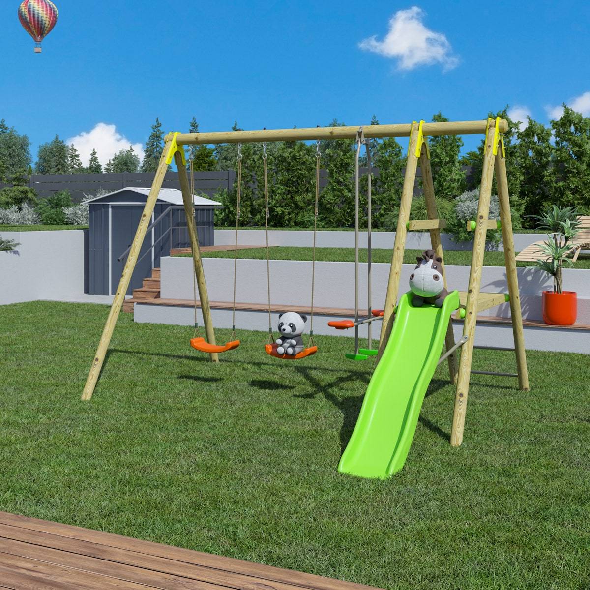 Trigano Jardin - Portique bois avec 2 balançoires + 1 plateforme avec toboggan + 1 siège face à face J-16595P4 Trigano Jardin - Image 6