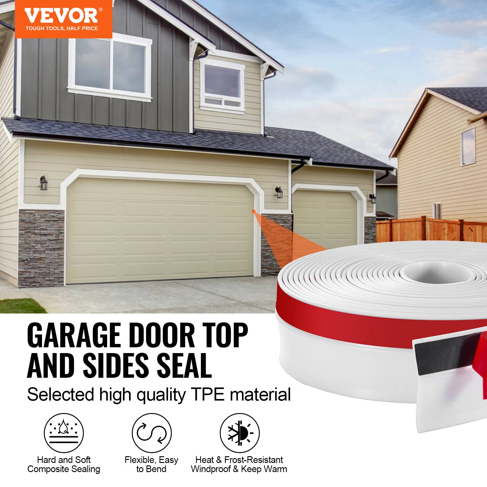 VEVOR Joint porte garage 10m, étanchéité sup/latéral, TPE, adhésif, vis, blanc. - Image 2