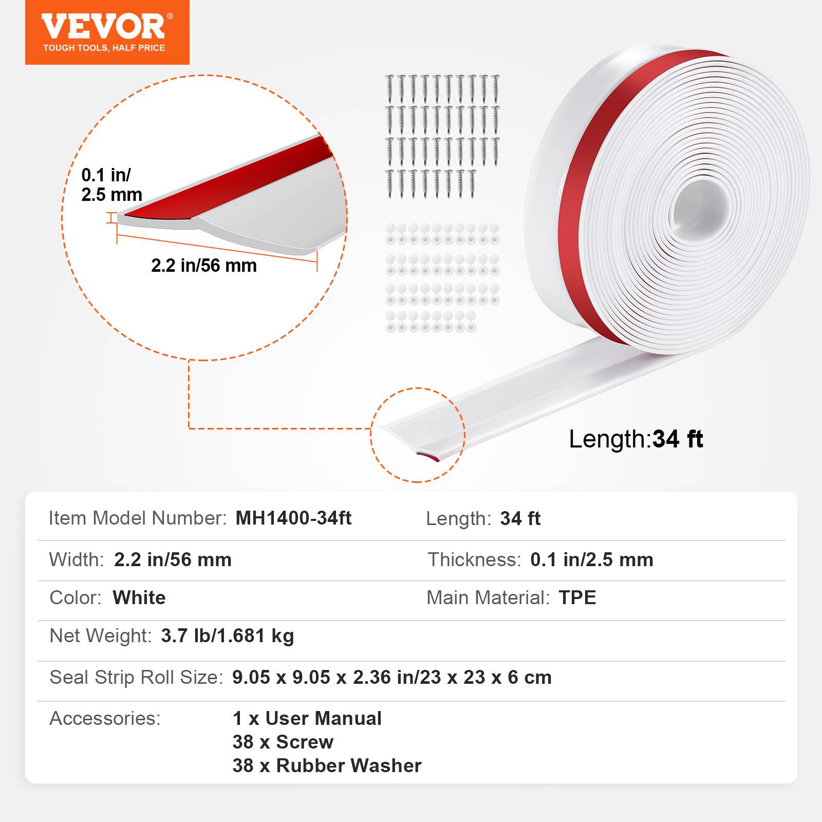VEVOR Joint porte garage 10m, étanchéité sup/latéral, TPE, adhésif, vis, blanc. - Image 7
