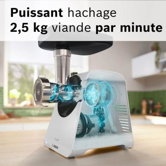 Bosch - Hachoir Electrique a viande - BOSCH - MFWS420W Série 4 - Blanc - 500 W - moteur bloqué 1900 W - 2,5 kg/mn - 2 vitesses - 2 grilles de hac - Image 3