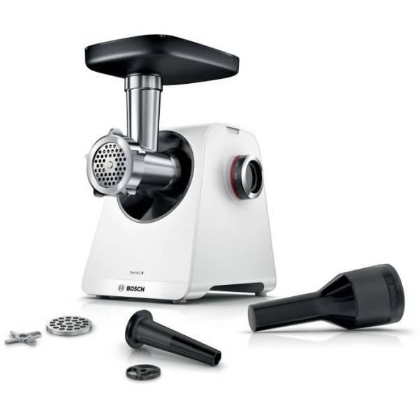 Bosch - Hachoir Electrique  a viande - BOSCH - MFWS420W Série 4 - Blanc - 500 W - moteur bloqué 1900 W - 2,5 kg/mn - 2 vitesses - 2 grilles de hac - Image 1