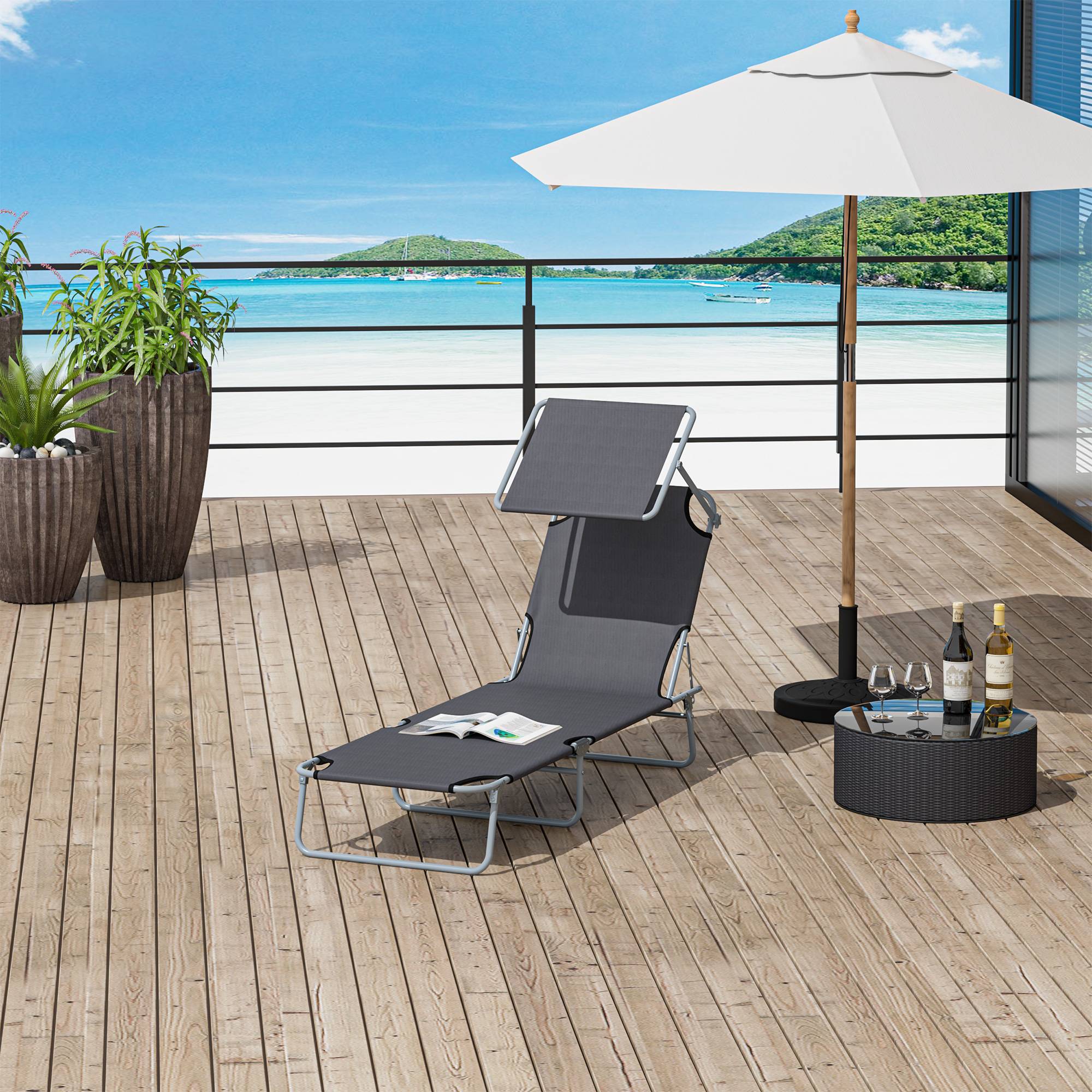Chaise longue pliante, chaise longue de jardin avec pare-soleil, chaise longue de bien-être avec dossier,capacité de charge jusqu'à 120 kg - Image 3