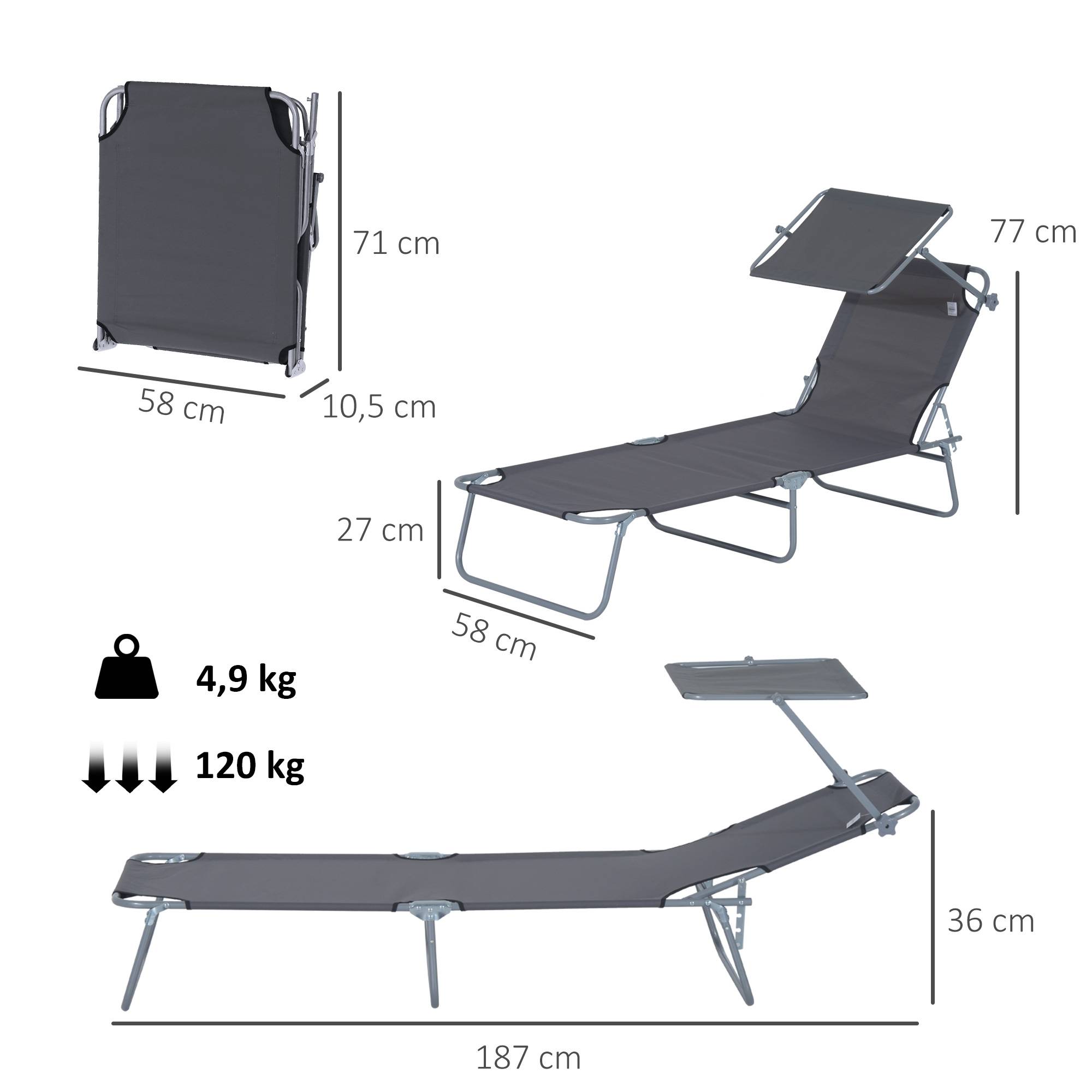 Chaise longue pliante, chaise longue de jardin avec pare-soleil, chaise longue de bien-être avec dossier,capacité de charge jusqu'à 120 kg - Image 5