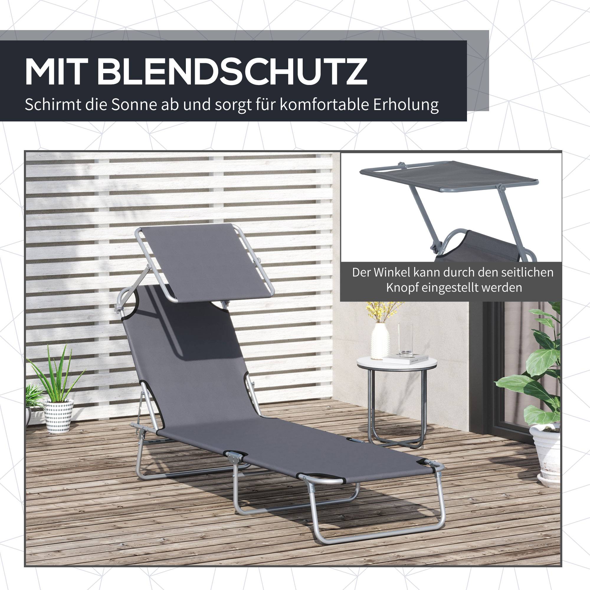 Chaise longue pliante, chaise longue de jardin avec pare-soleil, chaise longue de bien-être avec dossier,capacité de charge jusqu'à 120 kg - Image 8
