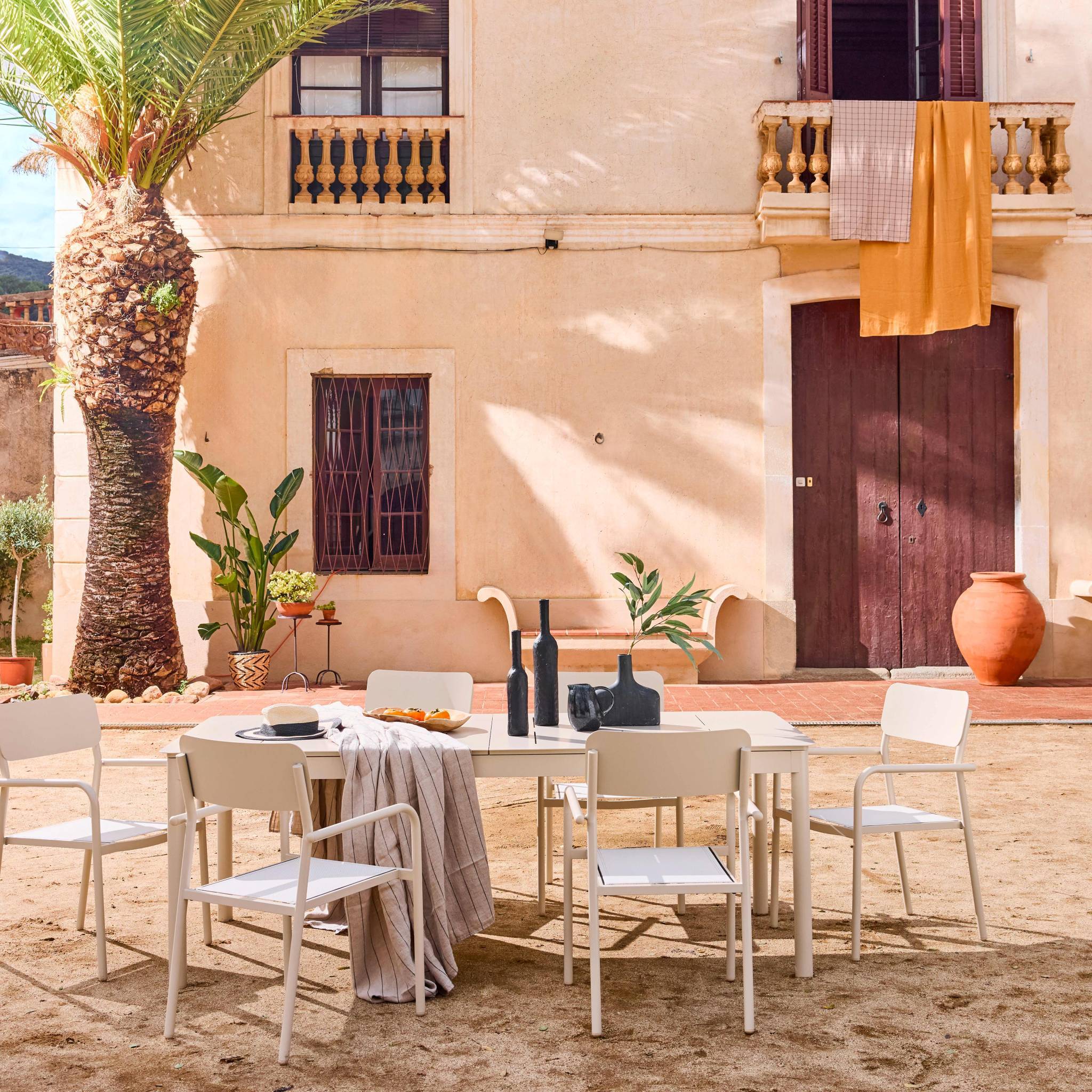 Table de jardin extensible aluminium + 8 assises beige. 8 fauteuils textilène. 210/300 x 100 x 75.5 cm | sweeek - Image 3