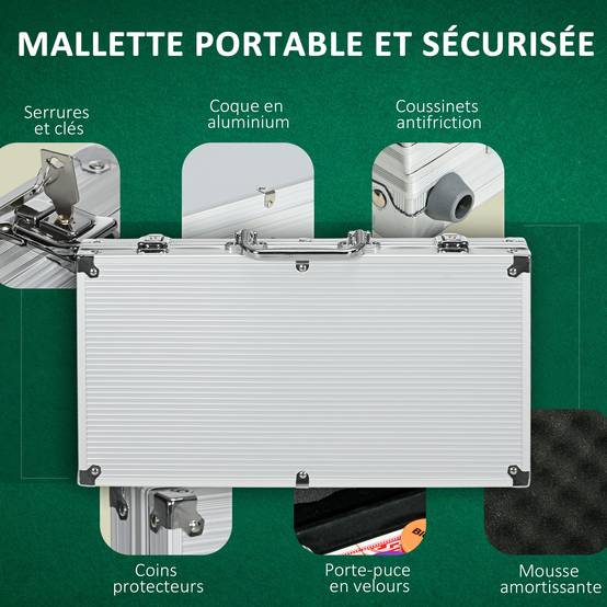 Mallette de Poker Coffret de Poker Complet, verrouillable, avec 300 jetons 2 Jeux de Cartes 3 boutons 1 Tapis en Feutre - Image 8