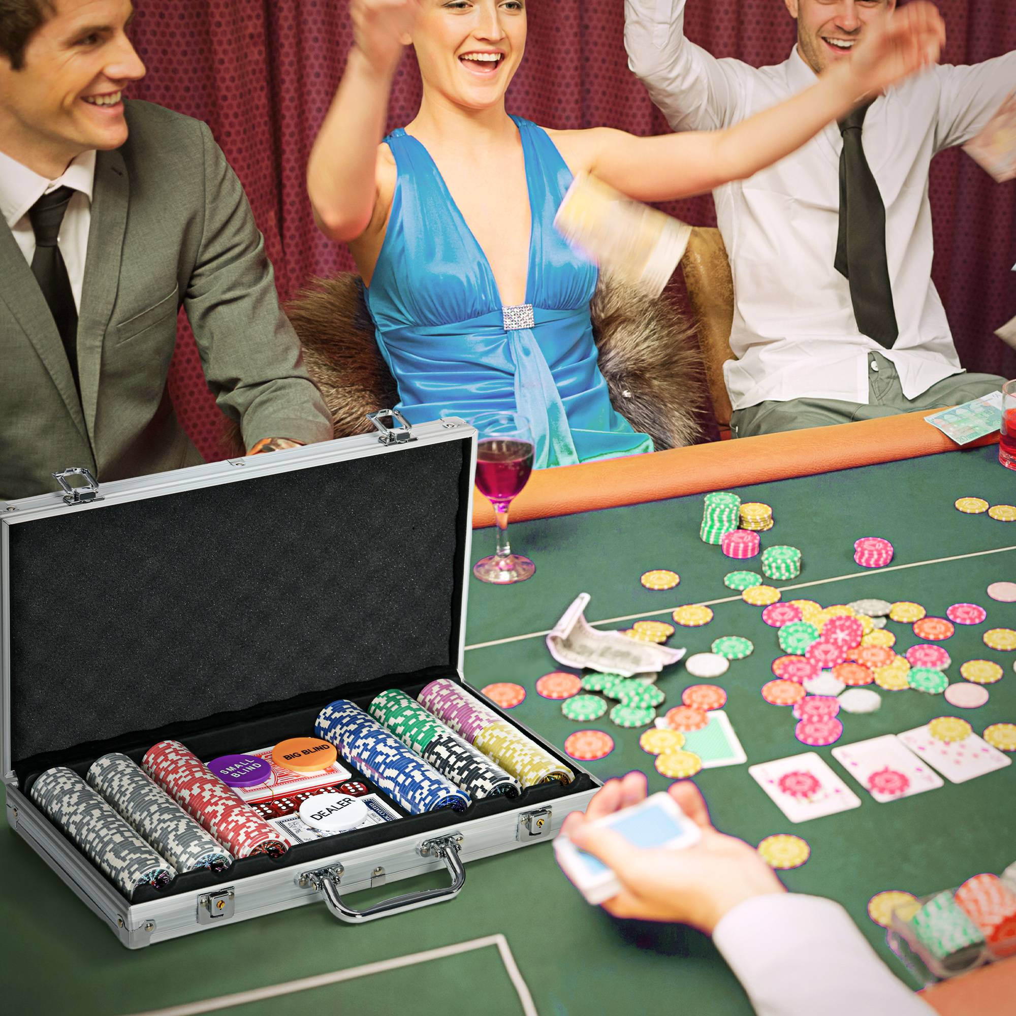 Mallette de Poker Coffret de Poker Complet, verrouillable, avec 300 jetons 2 Jeux de Cartes 3 boutons 1 Tapis en Feutre - Image 3