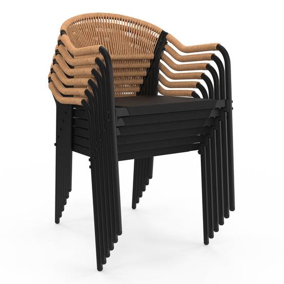 Salon de jardin MADEIRA table 150 cm et 6 chaises cordage et textilène noir et rotin clair - Image 5