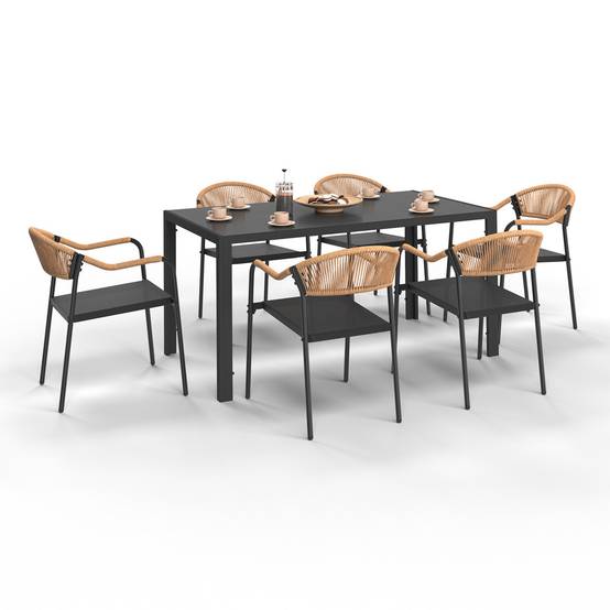 Salon de jardin MADEIRA table 150 cm et 6 chaises cordage et textilène noir et rotin clair - Image 2