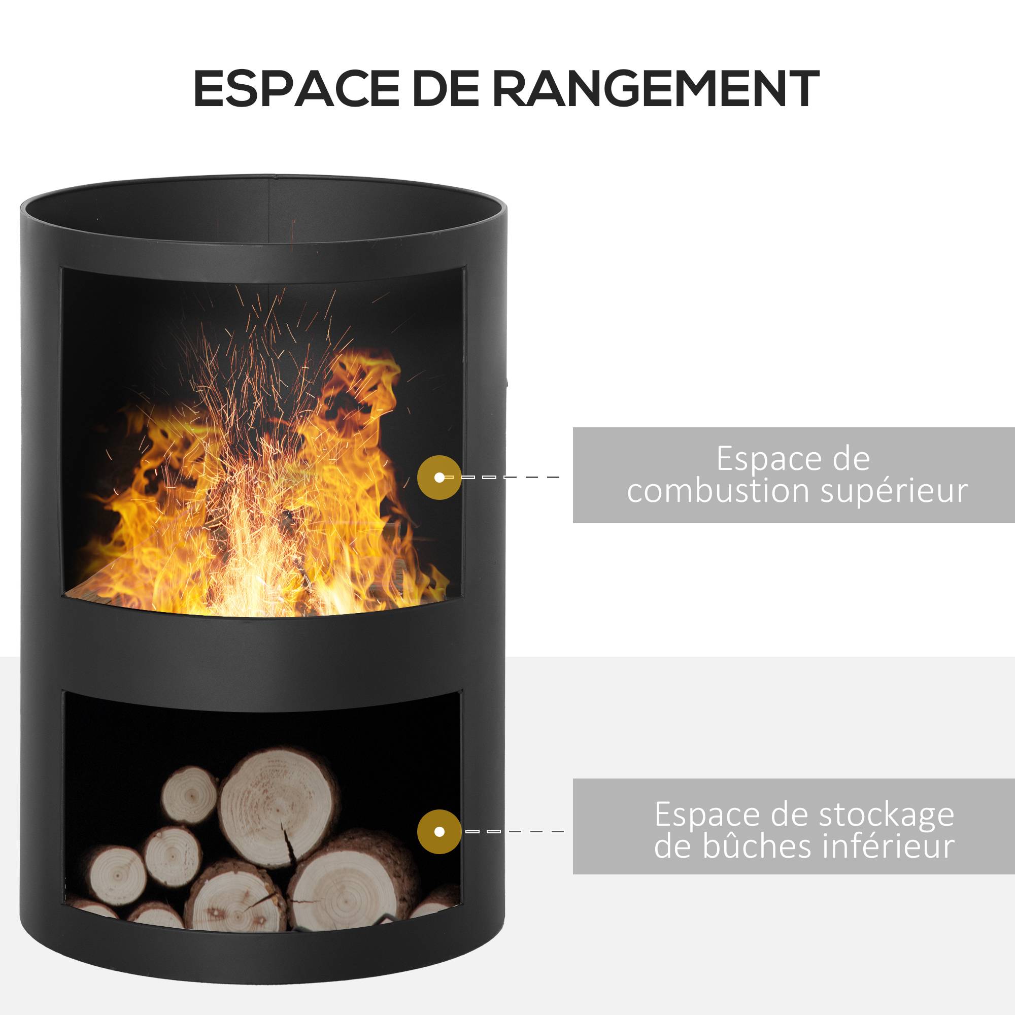 Outsunny - Brasero cheminée d'extérieur H.133 Ø 45 cm tisonnier large foyer - espace de rangement pour bûches - métal noir - Outsunny - Image 2