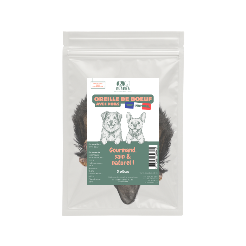 Oreilles de bœuf avec poils pour chiens – Friandises naturelles, effet vermifuge, riches en fibres - Image 1