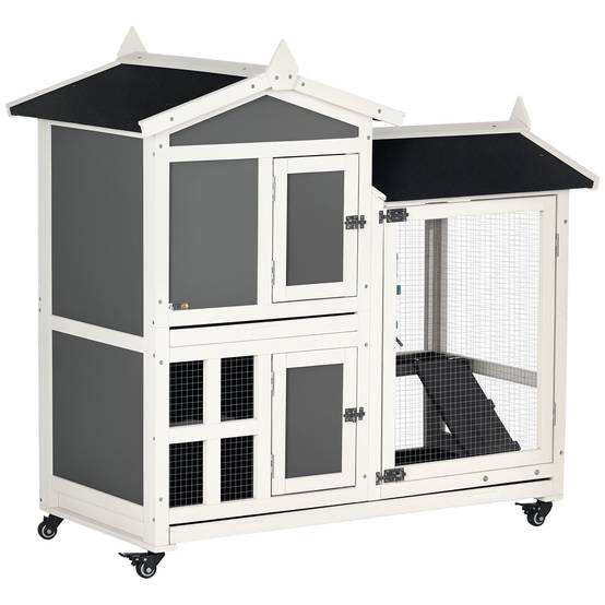 Clapier d'extérieur en bois pour 2 lapins avec bac amovible et enclos, 110 x 60 x 104 cm - Image 1