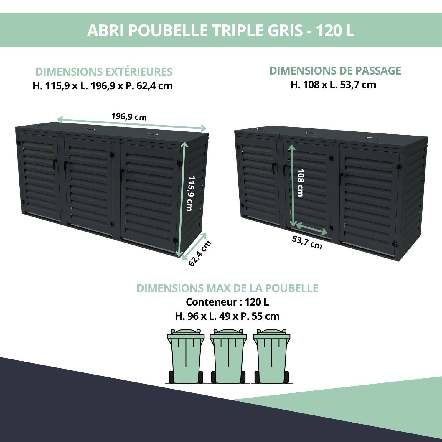 Cache Poubelle Extérieur Triple en Aluminium thermolaqué - Abri pour 3 conteneurs 120 Litres – Gris Anthracite RAL 7016 - Image 3
