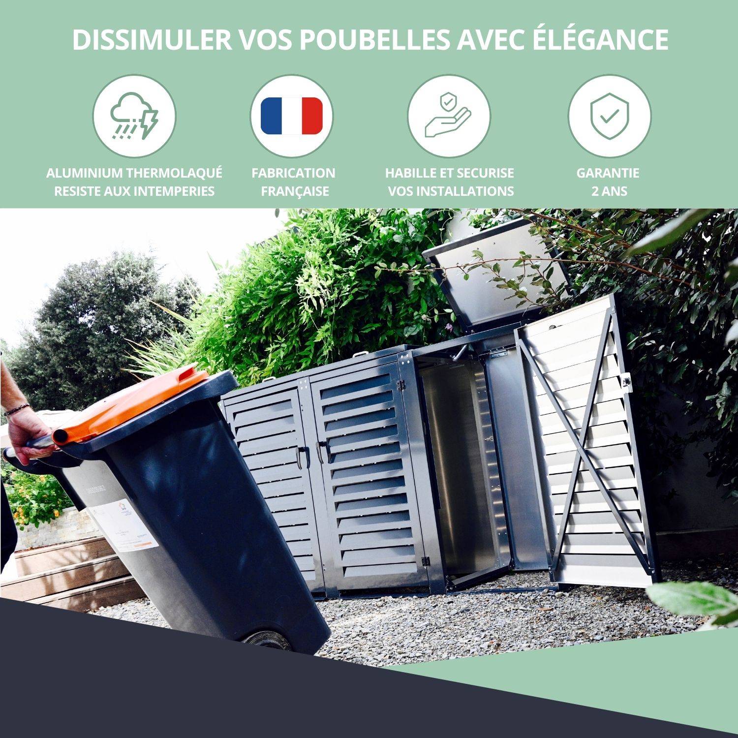 Cache Poubelle Extérieur Triple en Aluminium thermolaqué - Abri pour 3 conteneurs 120 Litres – Gris Anthracite RAL 7016 - Image 7