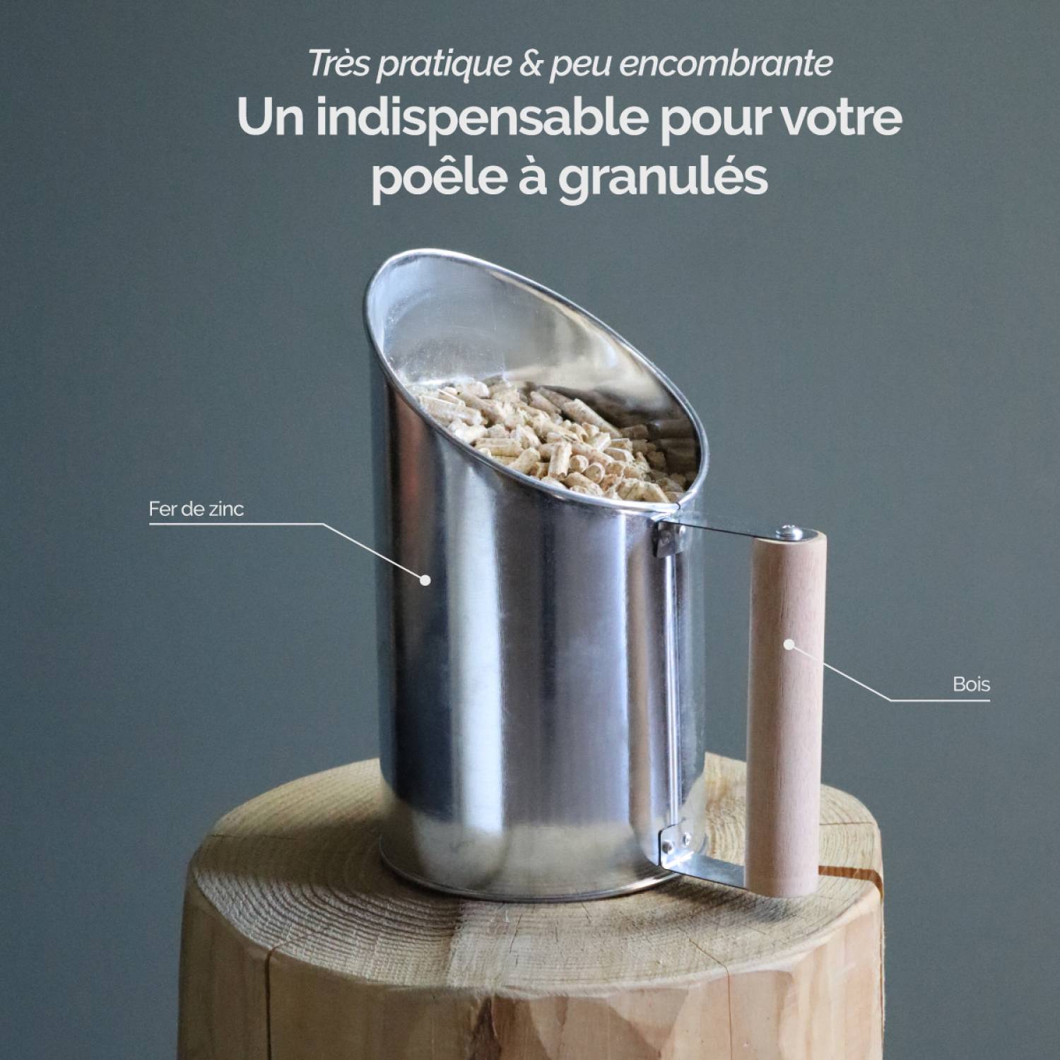 Pelle à granulés, pellets en fer de zinc et poignée en bois - 1.5L - Gris - Linxor - Image 3