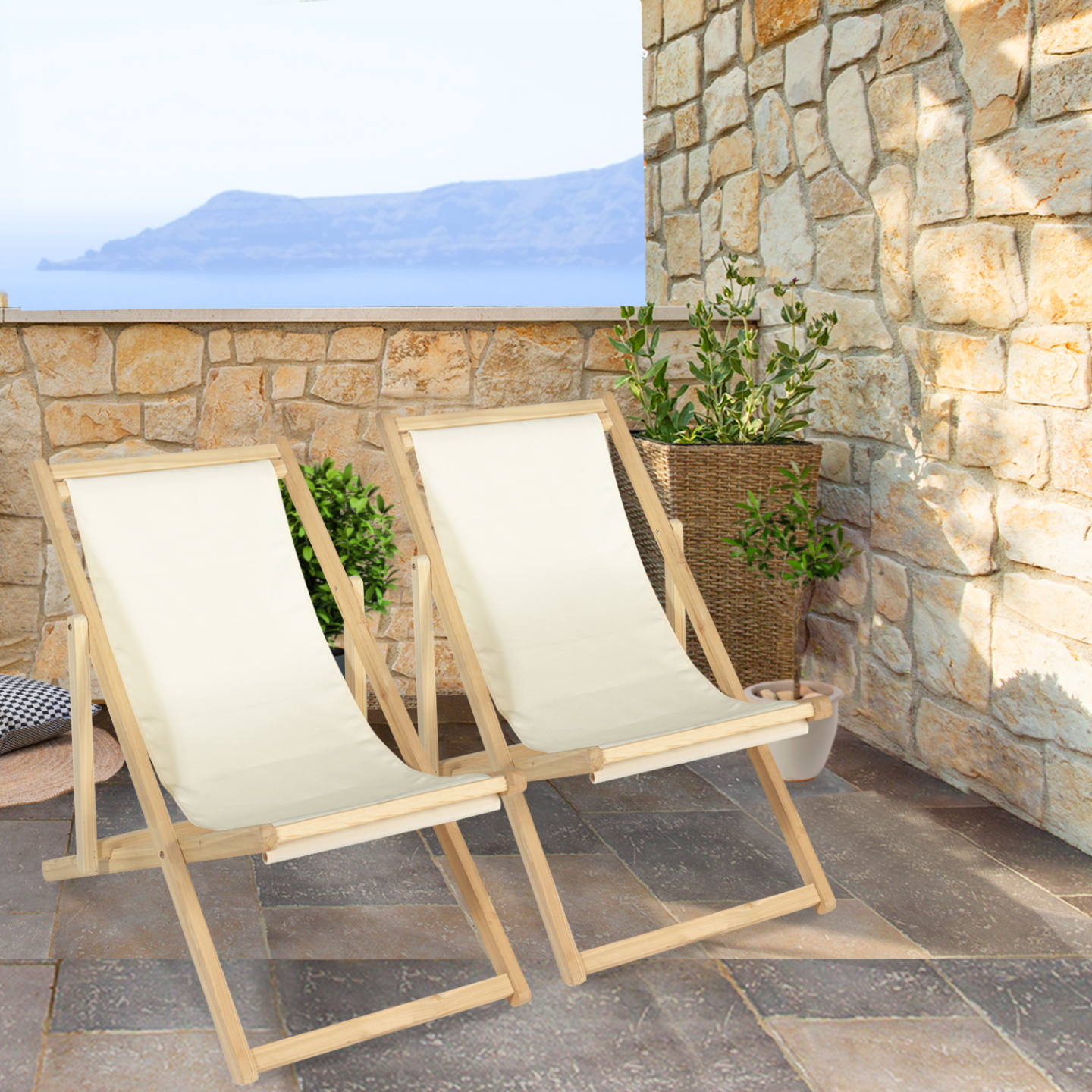 Lot de 2 chaises longues pliantes chilienne bois toile écrue - Image 1