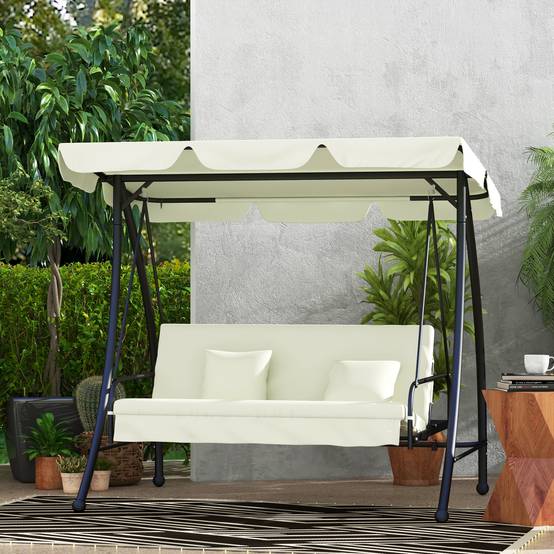 Balancelle Hollywood 3 places, avec fonction inclinable et pare-soleil réglable, pour jardin et terrasse, blanc crème - Image 2