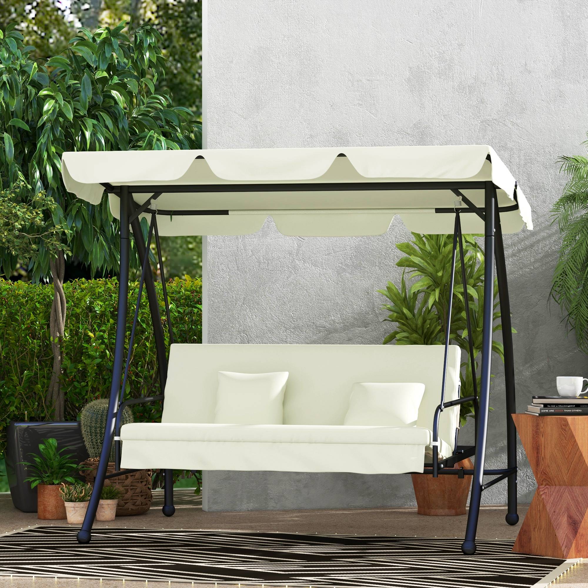 Balancelle Hollywood 3 places, avec fonction inclinable et pare-soleil réglable, pour jardin et terrasse, blanc crème - Image 2