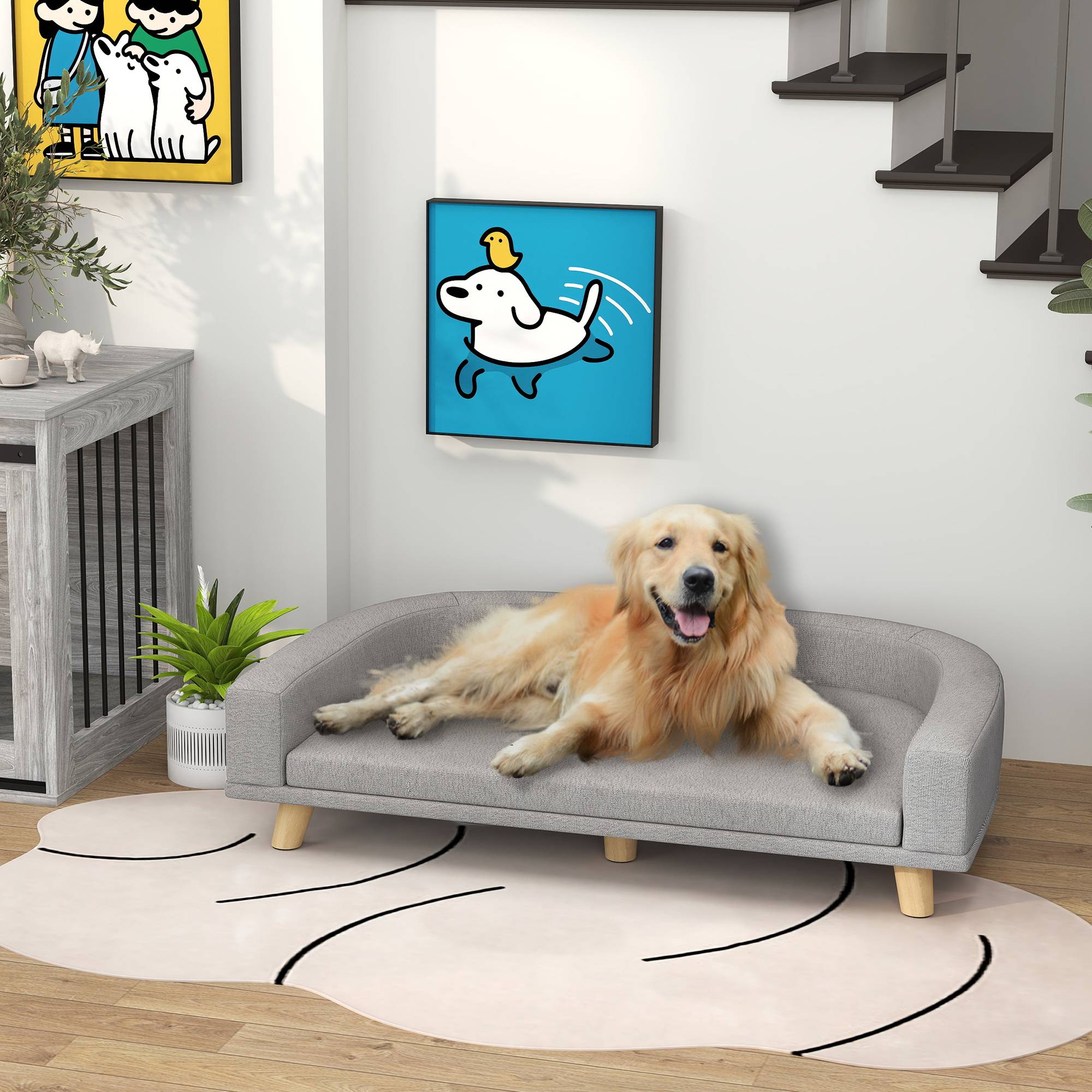 Sans Marque - Grand canapé-lit surélevé chien coussin lavable pieds bois charge 30kg 98x67x25 cm gris clair - Image 4